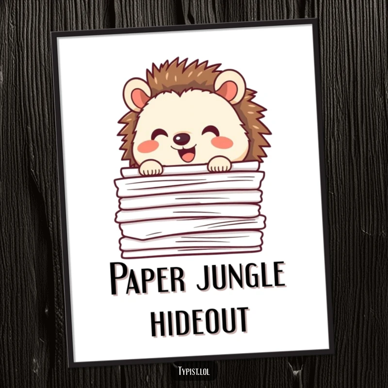 Funny happy hedgehog peeking over a large stack of papers, cute wall art, humorous office decor.
