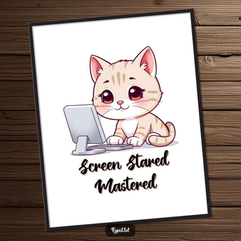 Funny poster art of a smiling cat staring intently at a computer screen, symbolizing humorous focus and digital immersion for any space.