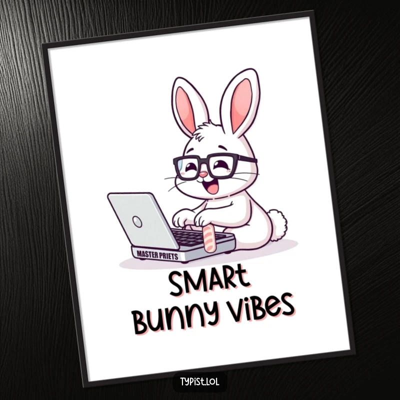 Funny Bunny Glasses Laptop Poster: A smart bunny in glasses types rapidly on a laptop. Whimsical wall decor.