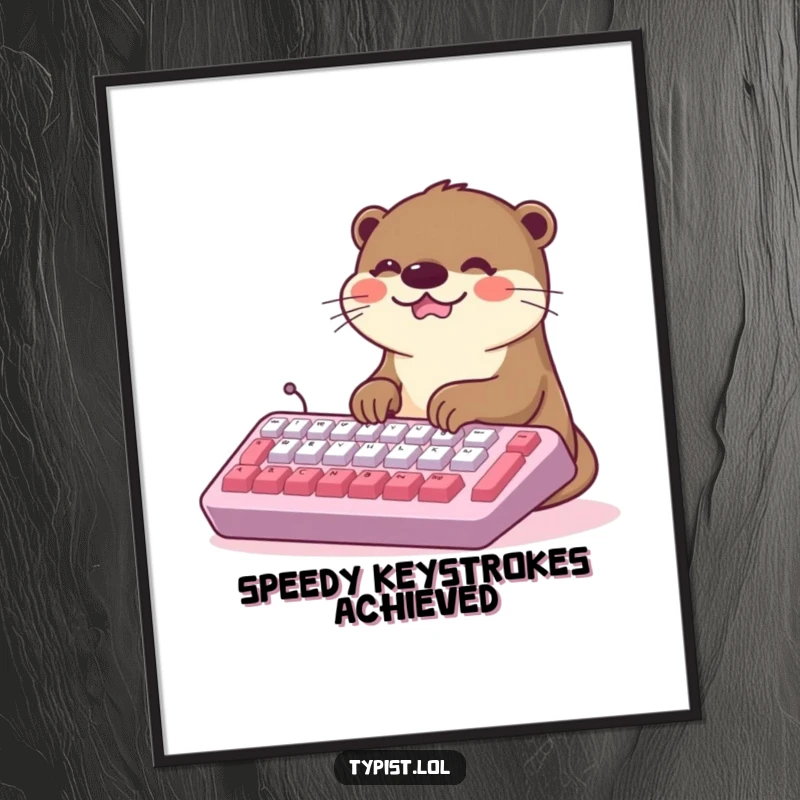 Funny Kawaii Otter Poster: A smiling otter types with glee on an oversized keyboard, radiating happiness. Lively wall decoration.