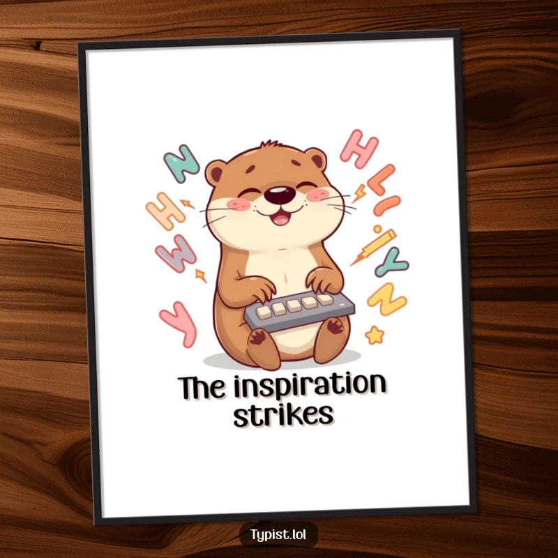 Funny otter typing poster showing a joyous otter typing rapidly amidst swirling letters, ideal for a creative and humorous atmosphere.