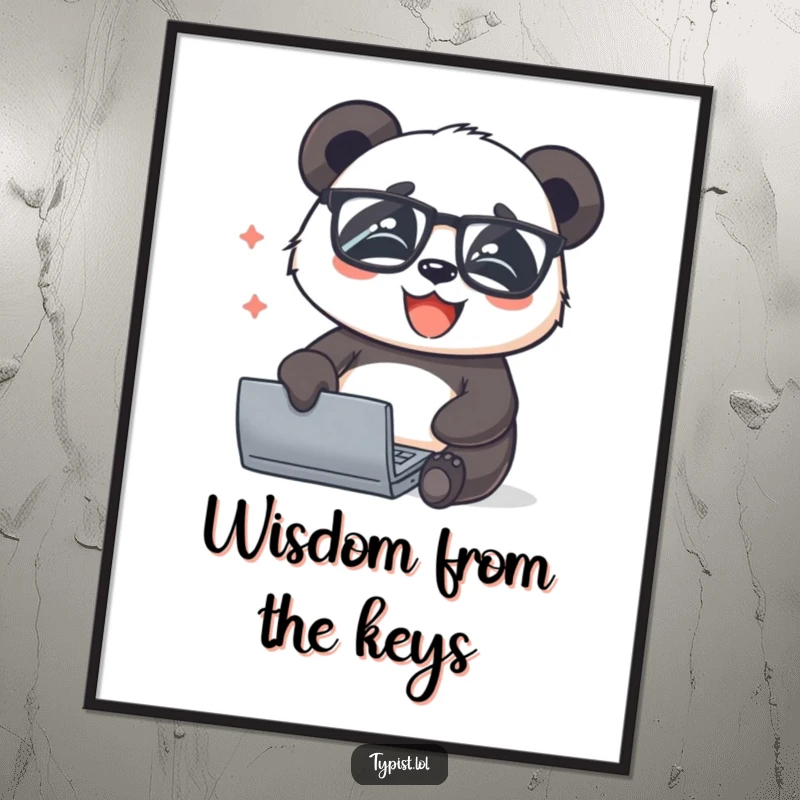 Funny panda with glasses, typing with immense joy, a humorous wall art piece for studying and appreciation of cute animals.