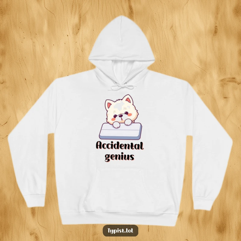 Funny dog hoodie, a fluffy puppy character accidentally hitting a giant computer enter key with its paw.