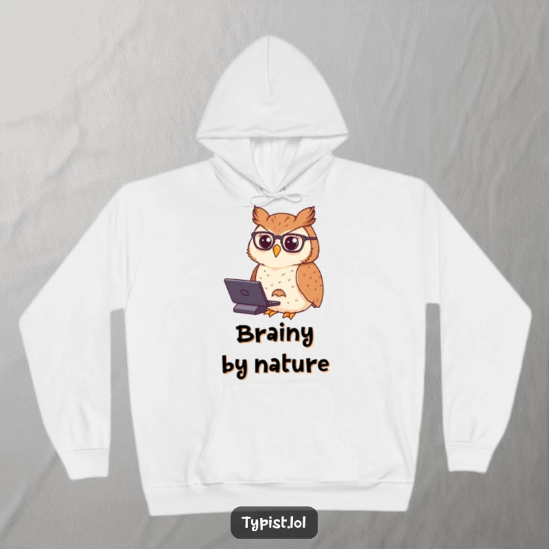 Funny hoodie featuring a proud owl in spectacles, typing with quiet dignity, radiating wisdom and scholarly focus.