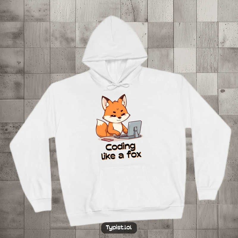 Funny hoodie featuring a happy fox with a furrowed brow, concentrating hard while typing, radiating intelligence and focus.