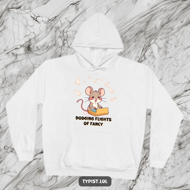 Funny brave mouse typing through falling paper airplanes, cozy hoodie, inspirational animal artwork, humorous apparel.