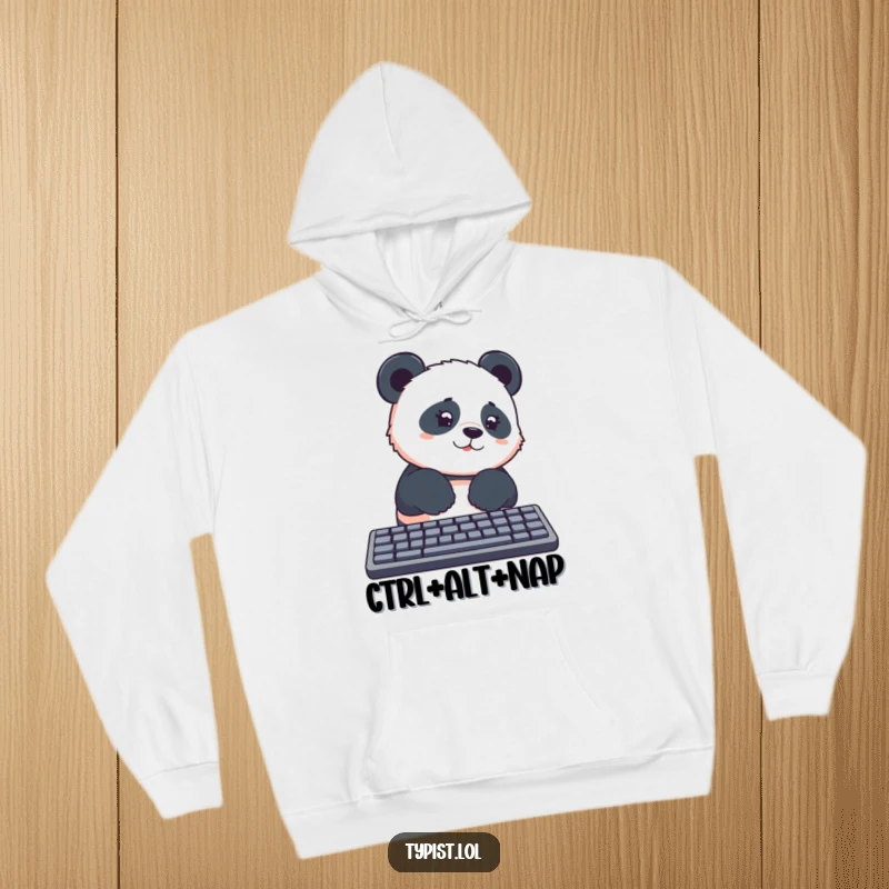 Funny panda with paws on a keyboard, looking intensely curious, printed on a cozy hoodie, perfect for funny gifts.