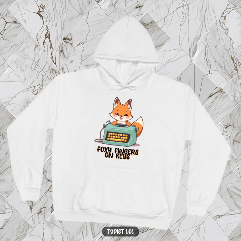 Funny Fox Vintage Typewriter Hoodie: A proud fox rapidly types on an old typewriter, a warm and humorous gift for speed-writing lovers.