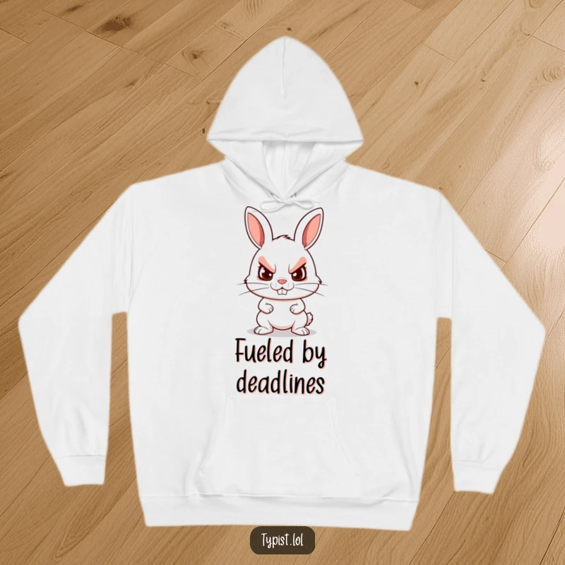 Funny hoodie showcasing a determined rabbit furiously typing with a grin, designed for cozy focus and humorous motivation.