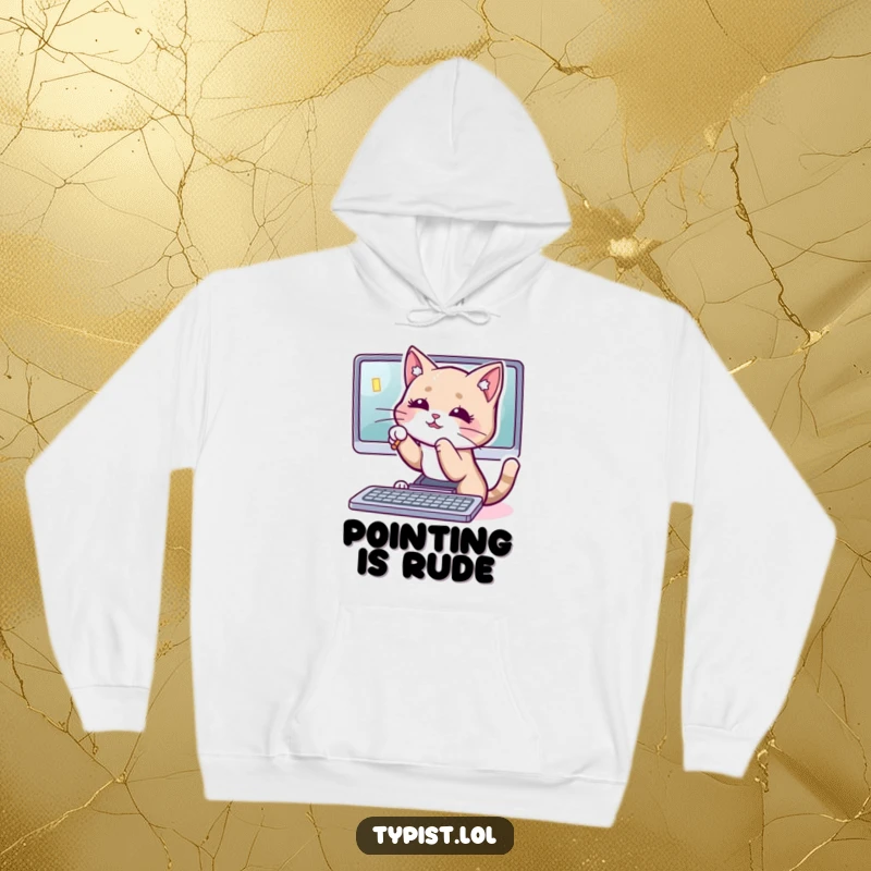 Funny cat cursor hoodie showing a playful cat batting at a computer cursor, symbolizing feline distraction and humor.