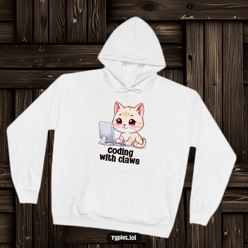Funny hoodie featuring a smiling cat engrossed in staring at a computer screen, conveying humorous dedication to technology and digital pursuits.