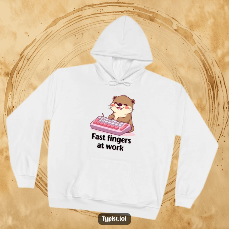 Funny Kawaii Otter Hoodie: A smiling otter types with full excitement on a comically large keyboard, showcasing pure joy. Perfect cozy apparel.