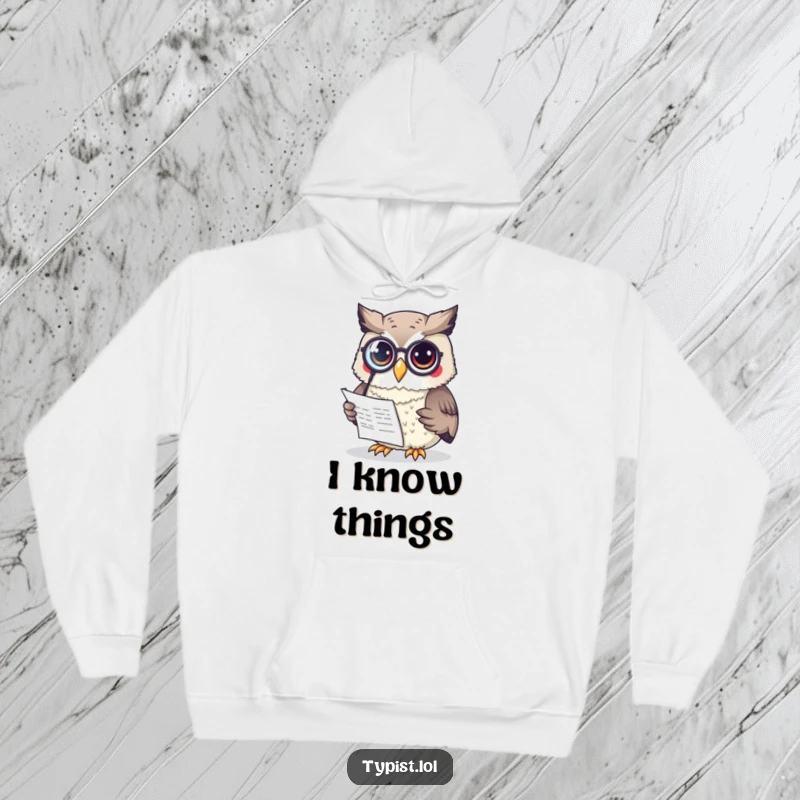Funny Owl Hoodie: A curious owl with a monocle reads a document, exuding intelligence and charm, ideal for a cozy and funny gift.