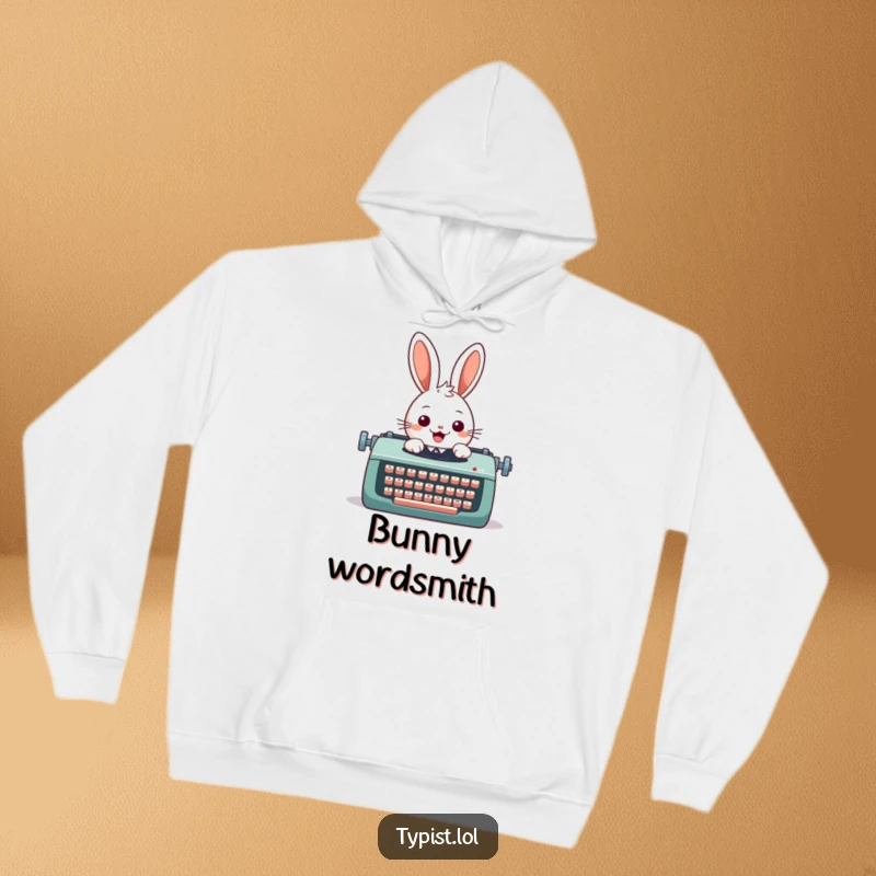 Funny hoodie featuring a cheerful rabbit tapping away on an oversized typewriter, symbolizing creative energy and humorous storytelling.
