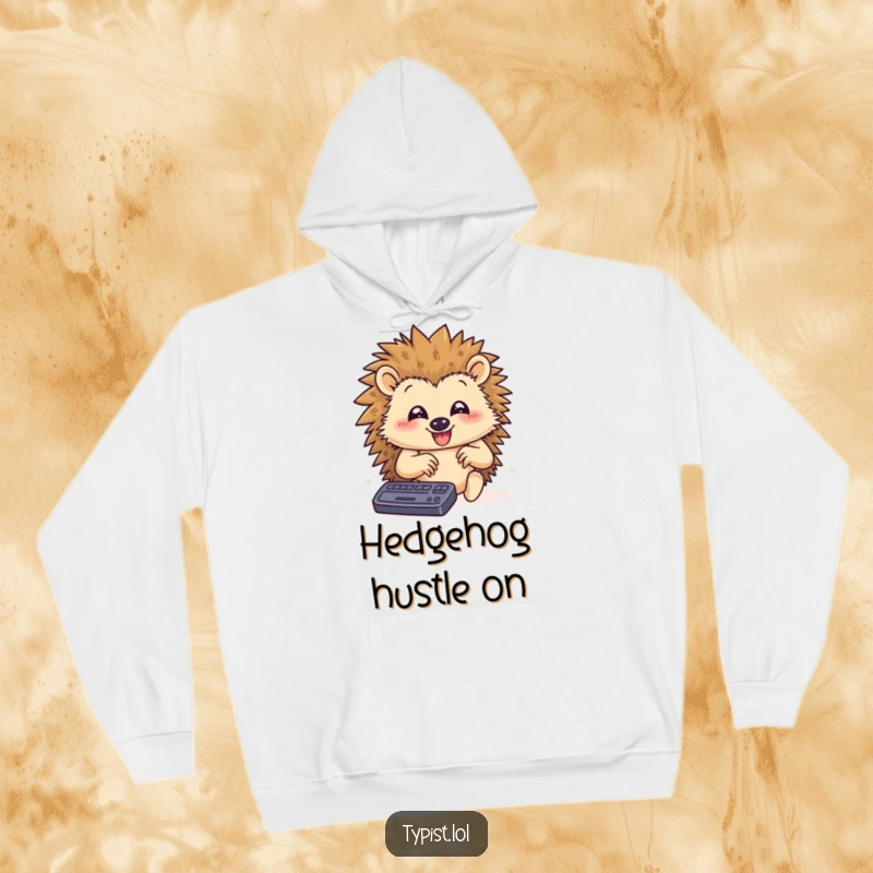 Funny hoodie featuring a happy hedgehog typing rapidly with paws flying, conveying humorous speed and dedication to tasks.