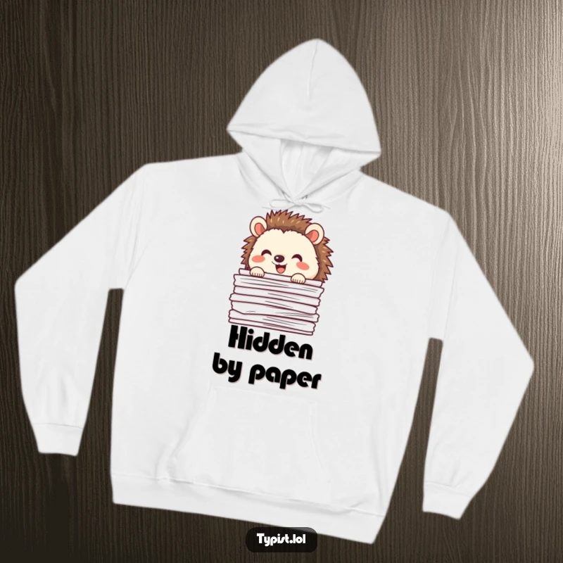Funny happy hedgehog peeking from behind a stack of papers, cozy hoodie, humorous and cute apparel.