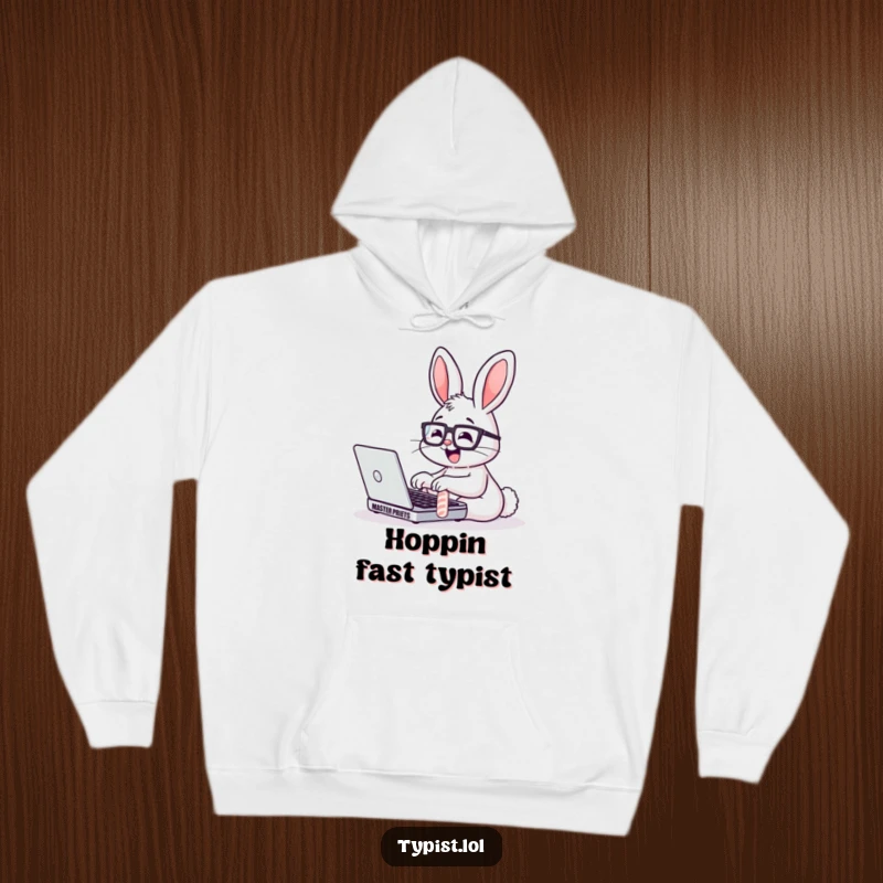Funny Bunny Glasses Laptop Hoodie: A bunny wearing glasses types energetically on a laptop, looking focused. Warm and funny.