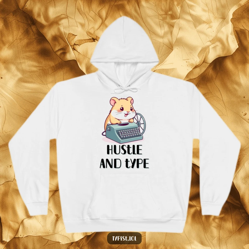 Funny Hamster Hoodie: A determined hamster spins its wheel connected to a typewriter, offering cozy inspiration for productive minds.