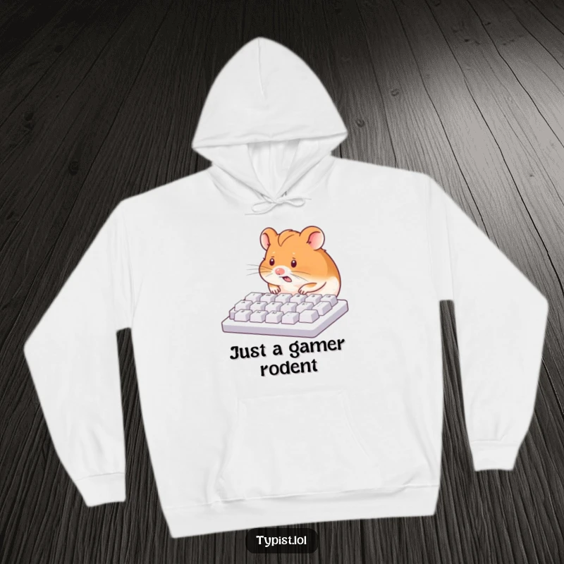 Funny hoodie depicting a determined hamster nose-diving into a computer keyboard, embodying pure, unadulterated work frenzy.