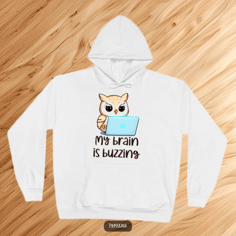 Funny, focused owl concentrating on a glowing laptop, cozy hoodie, perfect for students and night owls.