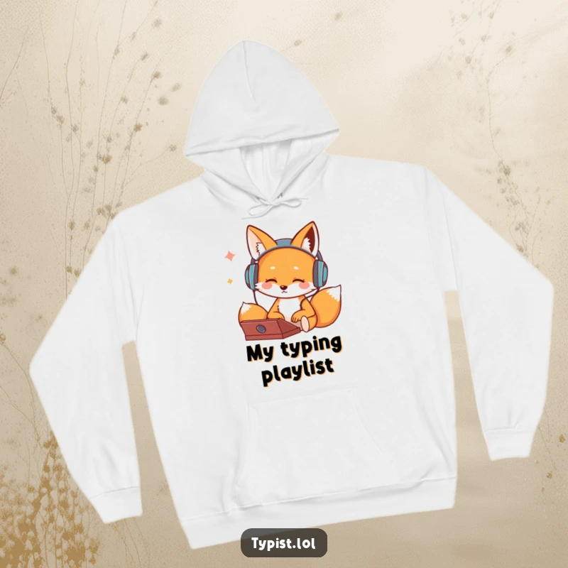 Funny hoodie featuring a cute fox with headphones, bopping to music while typing, designed for cozy vibes and humor.