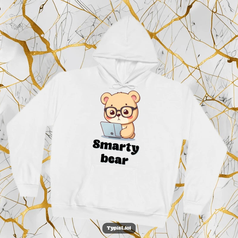 Funny hoodie featuring a small bear wearing reading glasses, intensely focused on a screen, symbolizing wisdom and cozy learning.