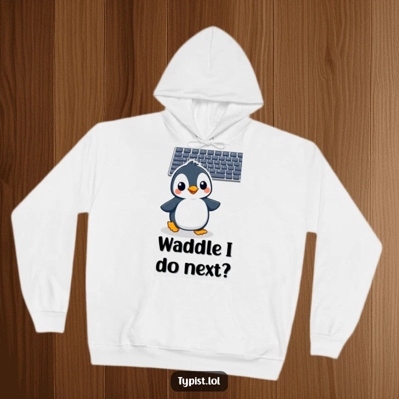 Funny penguin hoodie showing a happy penguin waddling with purpose towards a computer keyboard, ready for action.
