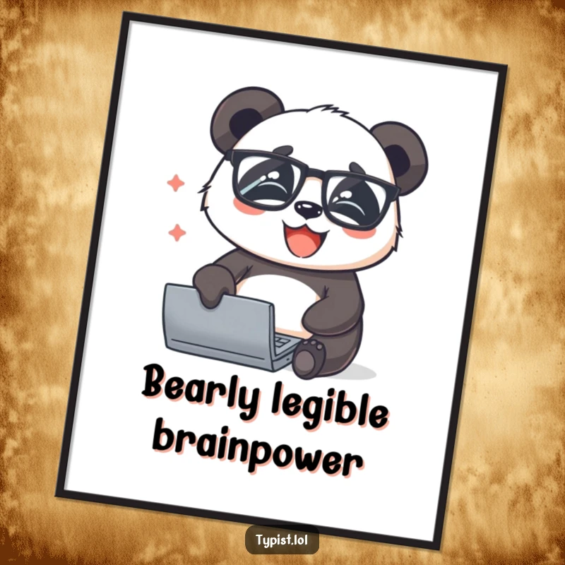 Funny Free Printable Wall Art: A joyful panda in glasses types rapidly on a keyboard with glee.