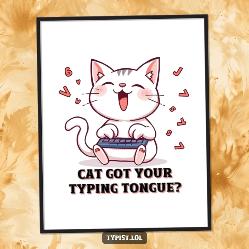 Funny Free Printable Wall Art: A delighted cat typing furiously, with a trail of letters flying behind, energetic and fun.
