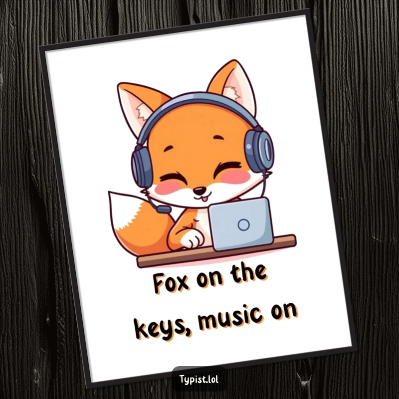 Funny Free Printable Wall Art: A giggling fox wearing headphones, completely absorbed in typing a cool, rhythmic beat.