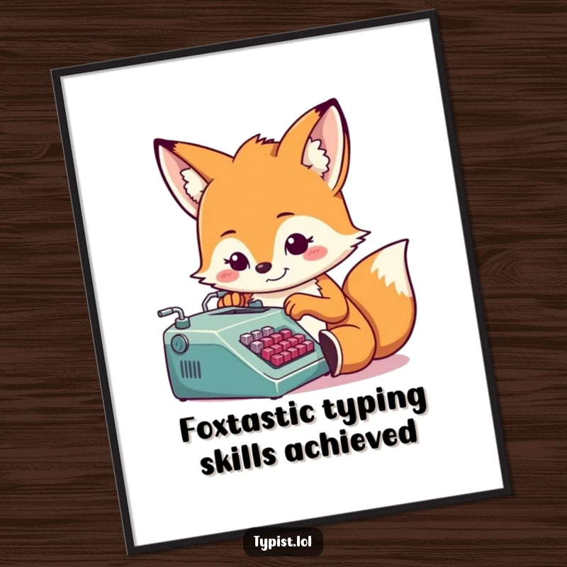 Funny Free Printable Wall Art: Cheerful fox with a determined grin, focused on typing on a small, vintage typewriter.