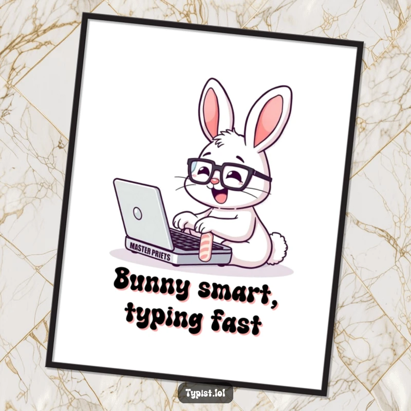 Funny Free Printable Wall Art showing a joyful bunny with glasses typing quickly on a laptop, a studious and cute illustration.