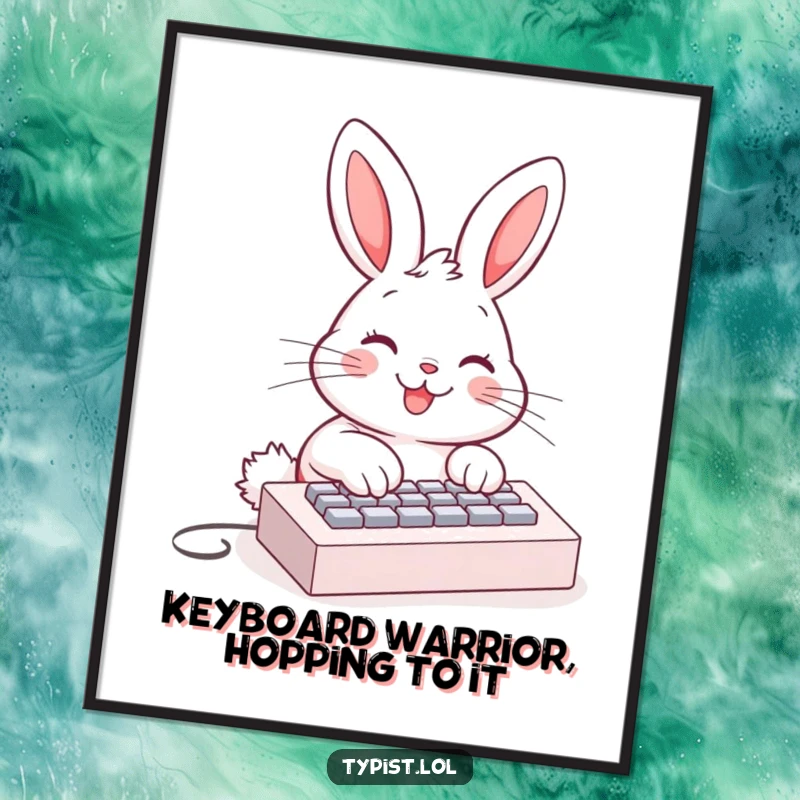 Funny Free Printable Wall Art: A happy bunny with intense focus, typing rapidly on a miniature keyboard, full of energy.