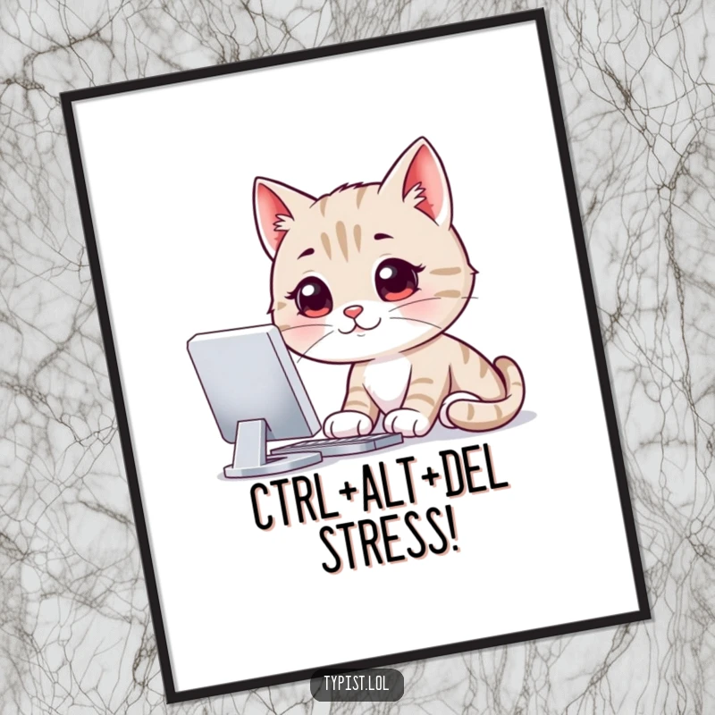 Funny Free Printable Wall Art: Smiling cat intently staring at a computer screen, a humorous downloadable art piece.