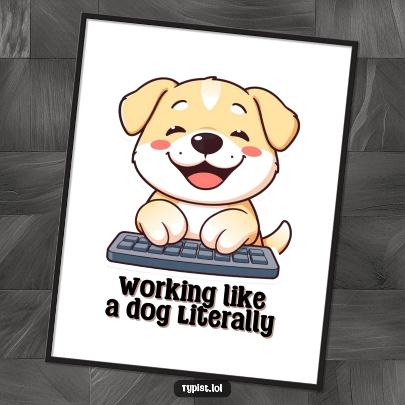 Funny Free Printable Wall Art: Adorable dog happily typing on a keyboard, bringing smiles to observers.