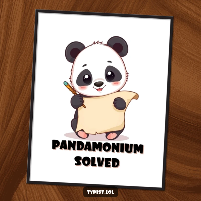 Funny Free Printable Wall Art showing a giggling panda holding a quill and scribbling joyfully on an ancient scroll.