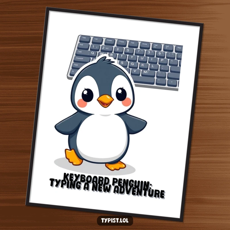 Funny Free Printable Wall Art: Adorable penguin gleefully waddling towards a computer keyboard with excitement.