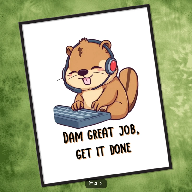 Funny Free Printable Wall Art: A beaver wearing a headset diligently taps keys on a keyboard with great focus.