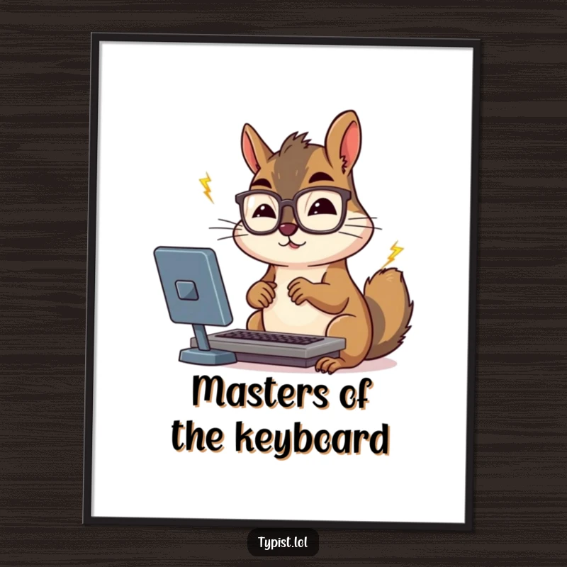 Funny Free Printable Wall Art: A determined squirrel with spectacles typing with lightning speed, a humorous office or study decoration.