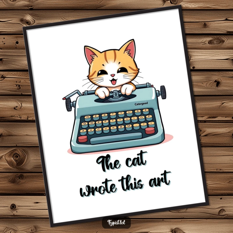 Funny free printable wall art of a cat typing enthusiastically on a giant typewriter, creative book nook decor.