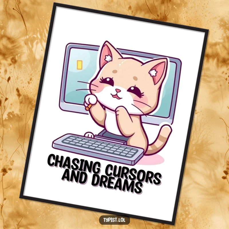 Funny Free Printable Wall Art: A playful cat intently batting at a computer cursor on a screen, capturing feline tech fascination.