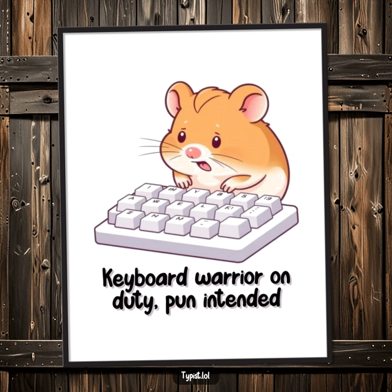 Funny Free Printable Wall Art: Hyperactive hamster furiously typing on a keyboard, a comical scene of tech obsession.
