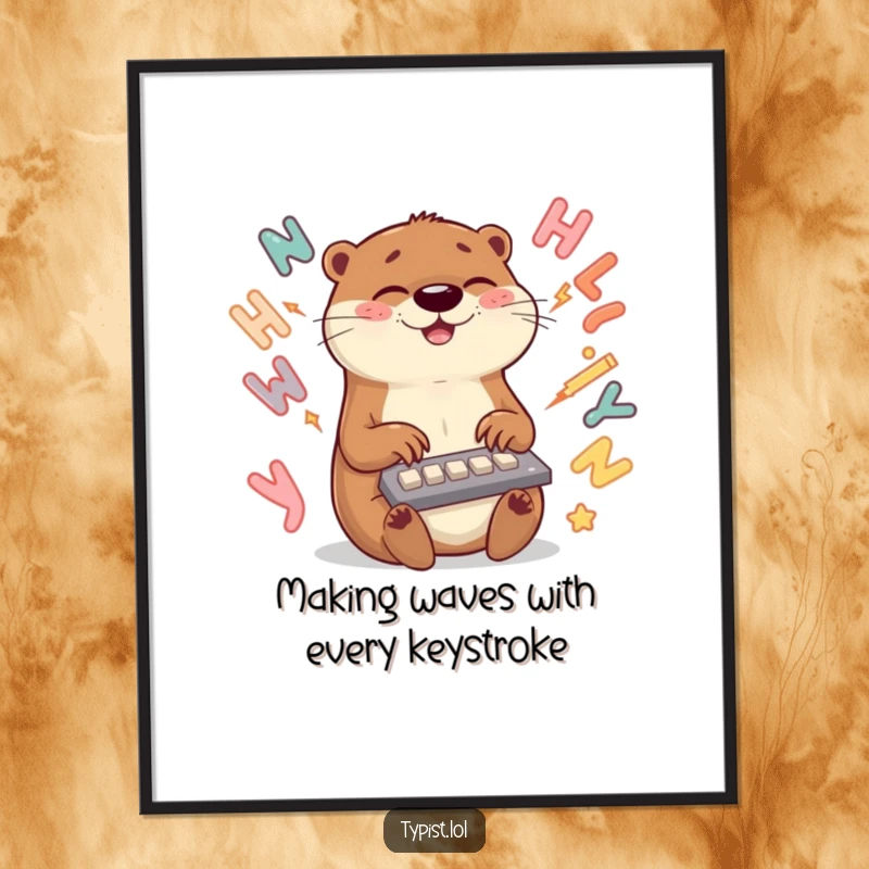 Funny Free Printable Wall Art: An otter typing at lightning speed, surrounded by swirling letters, radiating joy and productivity.
