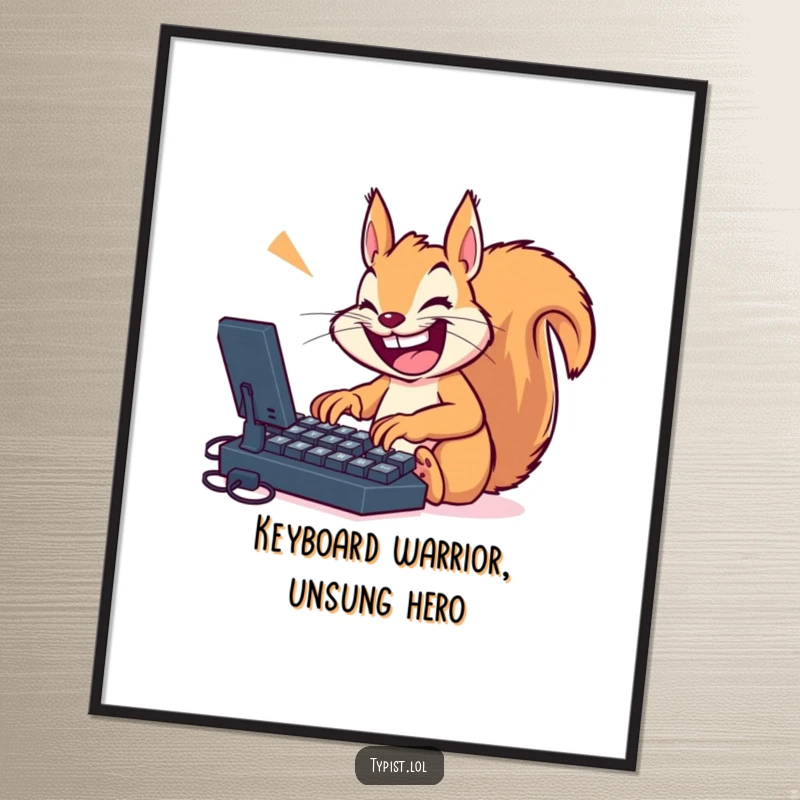 Funny Free Printable Wall Art: A happy squirrel furiously types on a giant keyboard, radiating joy.