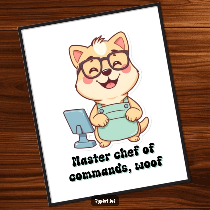 Funny Free Printable Wall Art: Dog in glasses and apron, diligently typing commands, exuding intelligence and humor.