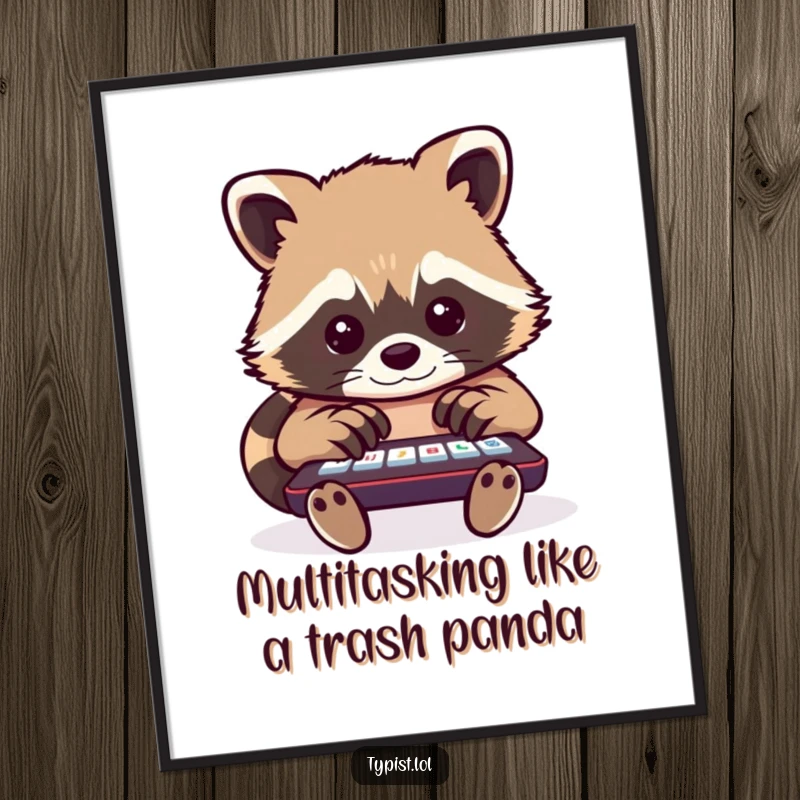 Funny Free Printable Wall Art: A determined raccoon typing with all its paws on a massive keyboard, reflecting chaotic energy and charm.