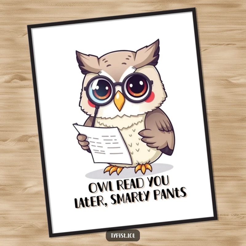 Funny Free Printable Wall Art: A curious owl with a monocle intently reads a document, exuding intellectual charm and humor.