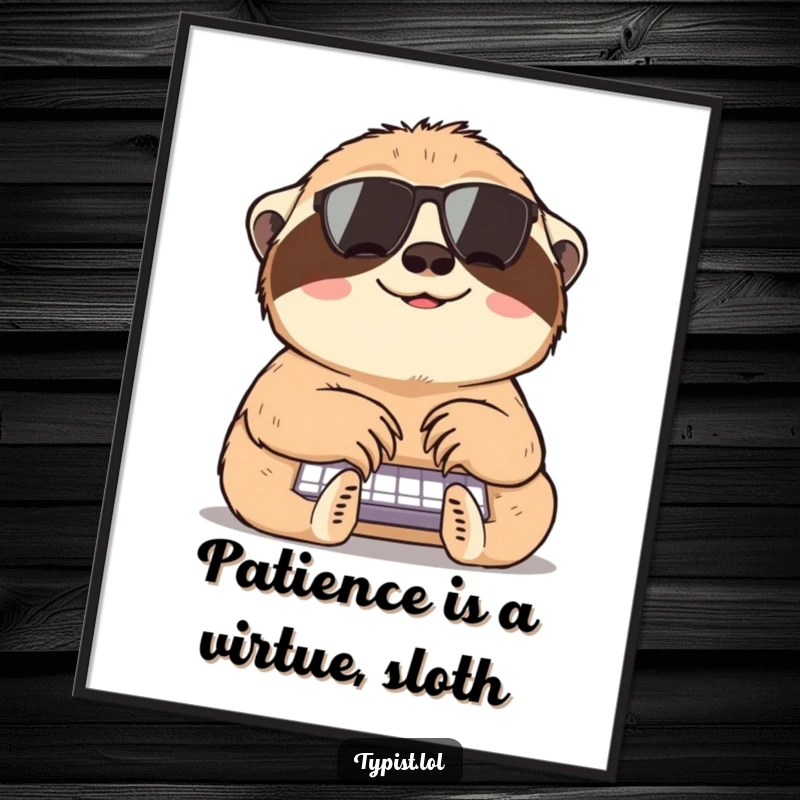 Funny Free Printable Wall Art: A happy sloth diligently typing at a snail's pace, bringing humor and charm to your decor.