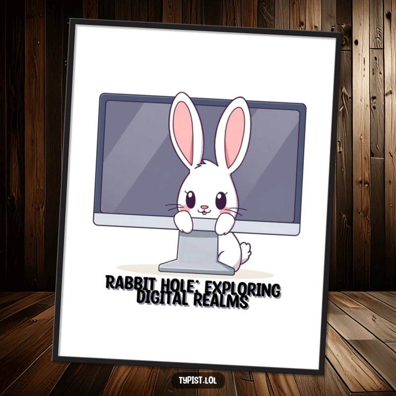Funny Free Printable Wall Art: Mischievous rabbit peeking from behind an oversized computer monitor.