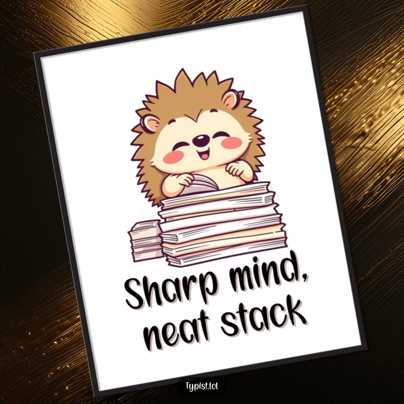 Funny Free Printable Wall Art: Happy hedgehog meticulously organizing stacks of paper, a funny and tidy downloadable decor.